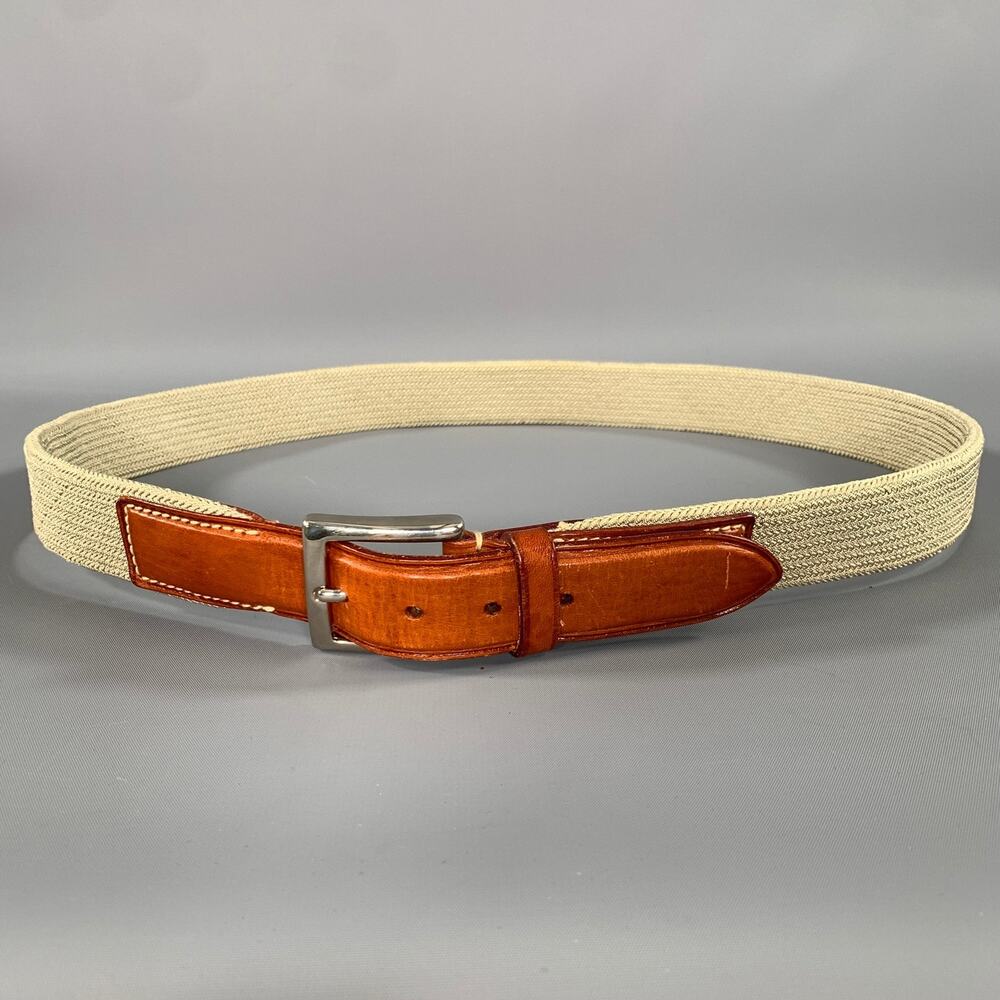 ERMENEGILDO ZEGNA Size 38 Cream Brown Mixed Fabrics Leather Elastic Belt